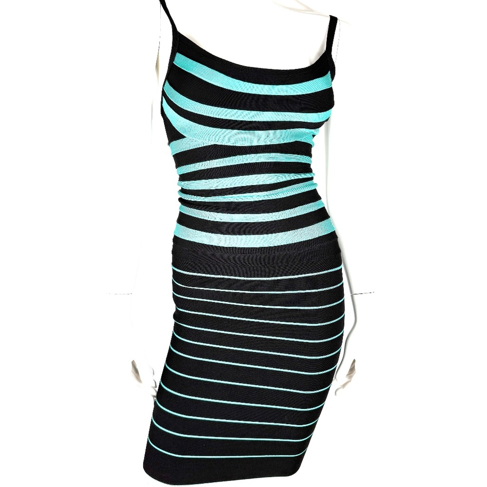 Herve Leger Drielle Black Aqua Blue Striped Sleeveless Short Dress XS